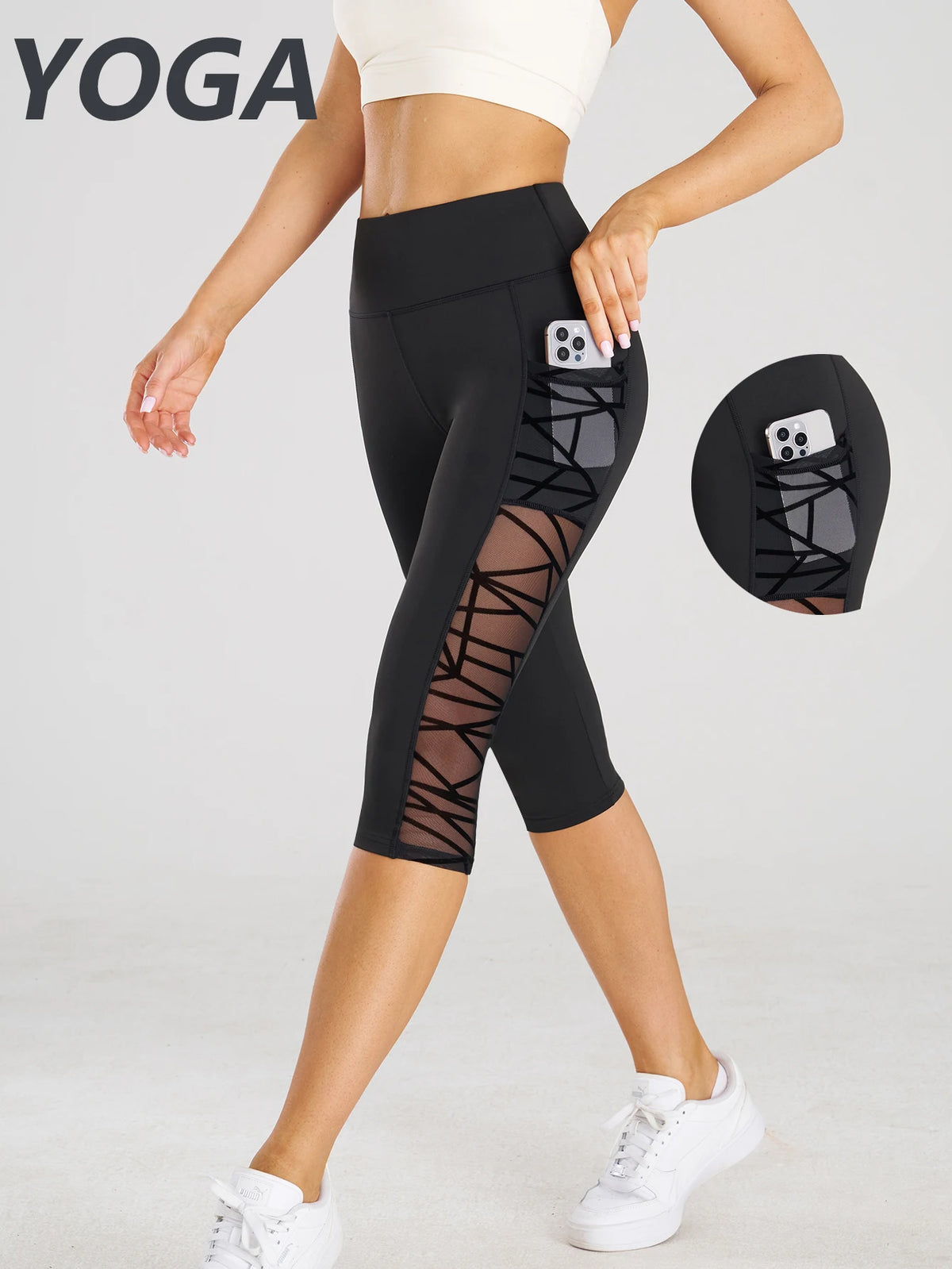 Legging de sport taille haute court avec poches pour le yoga et le fitness