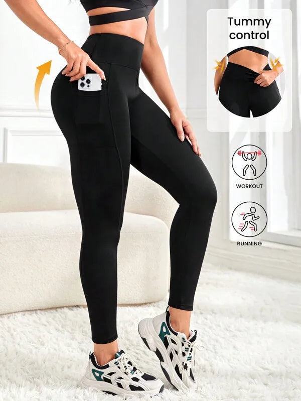 Legging de yoga taille haute uni avec poches, coupe slim pour femme
