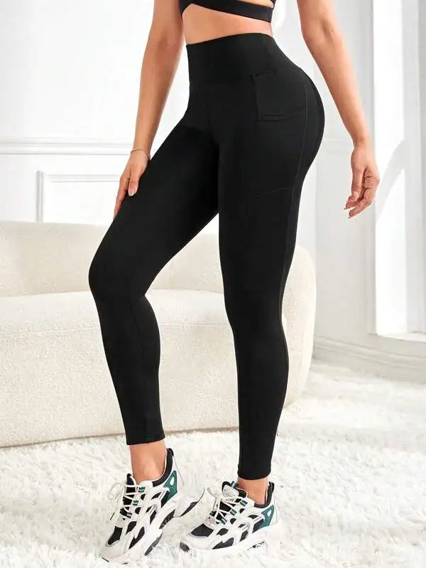 Legging de yoga taille haute uni avec poches, coupe slim pour femme