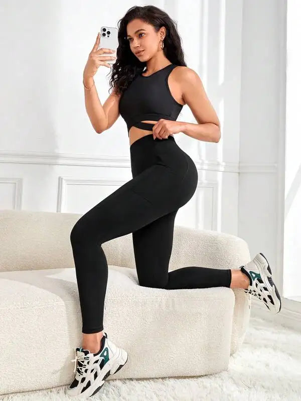 Legging de yoga taille haute uni avec poches, coupe slim pour femme