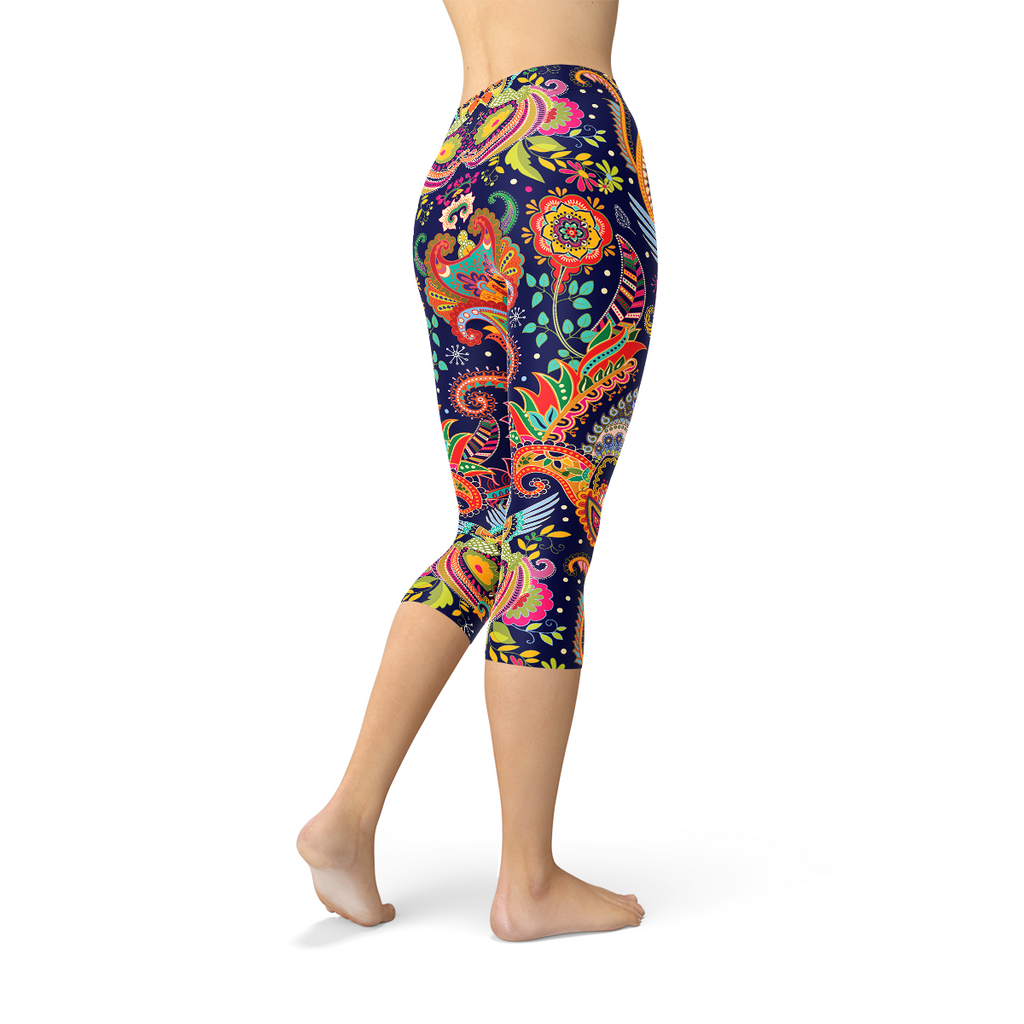 Leggings capri ornamentales con estampado paisley azul para mujer