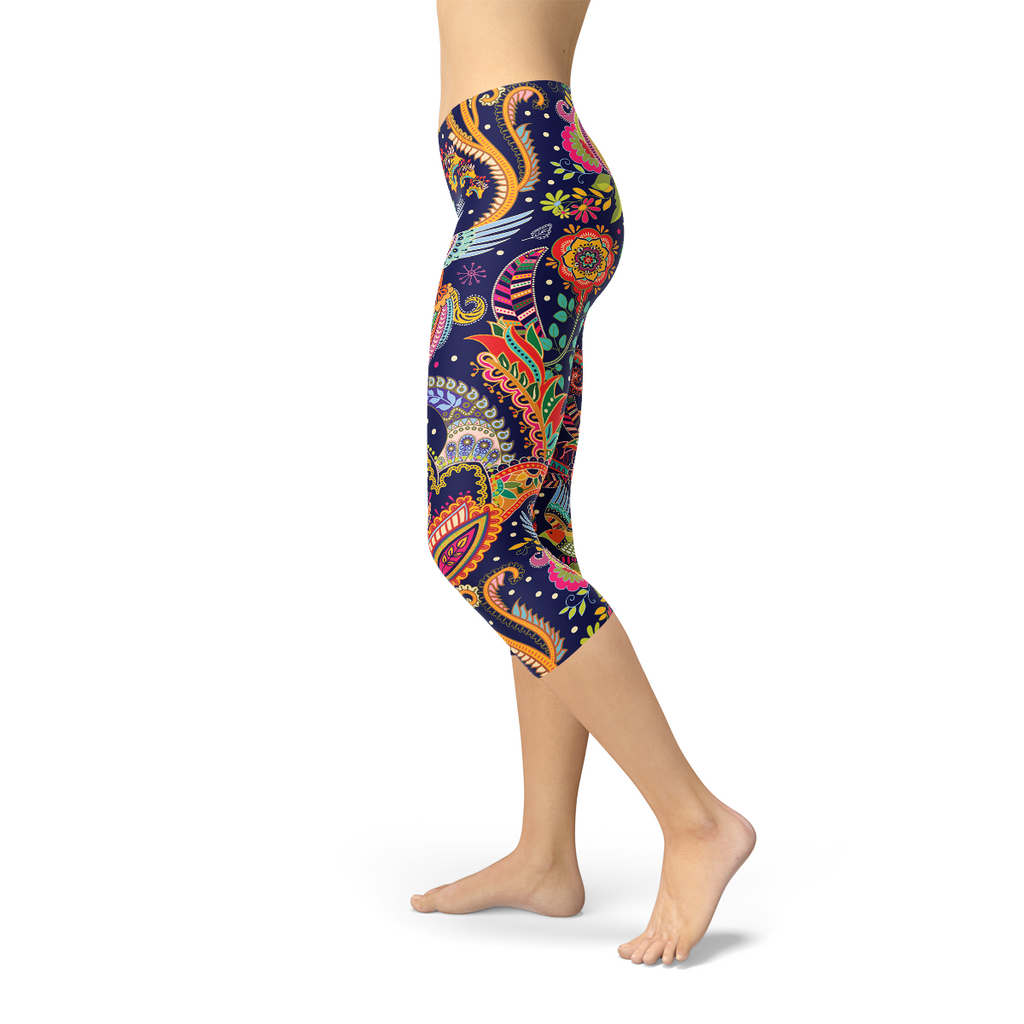Leggings capri ornamentales con estampado paisley azul para mujer