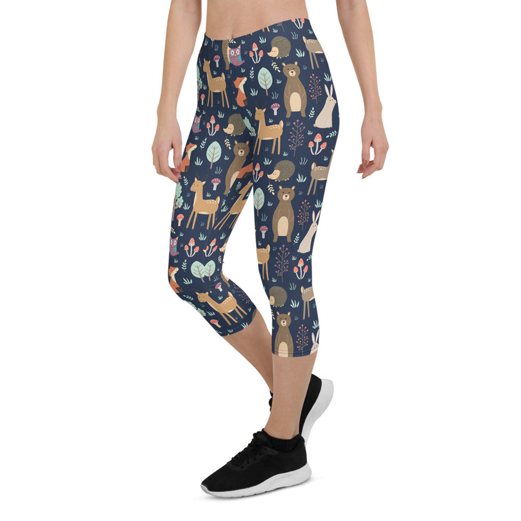 Leggings capri para mujer con diseño de animalitos del bosque