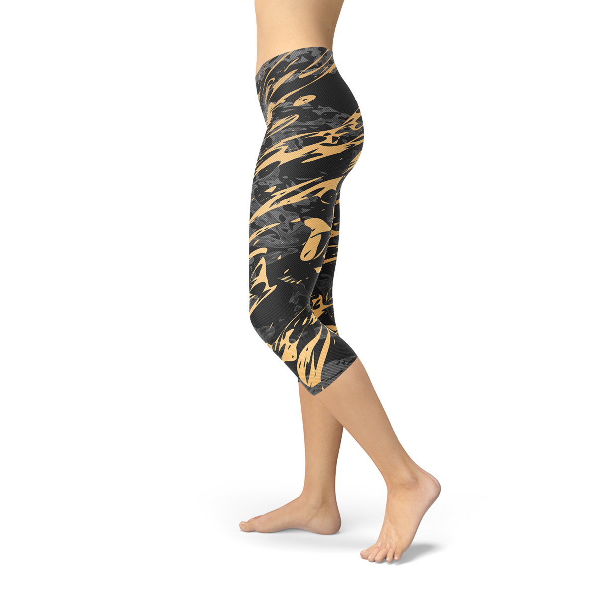 Legging Capri pour femme, motif marbre noir avec éclats dorés