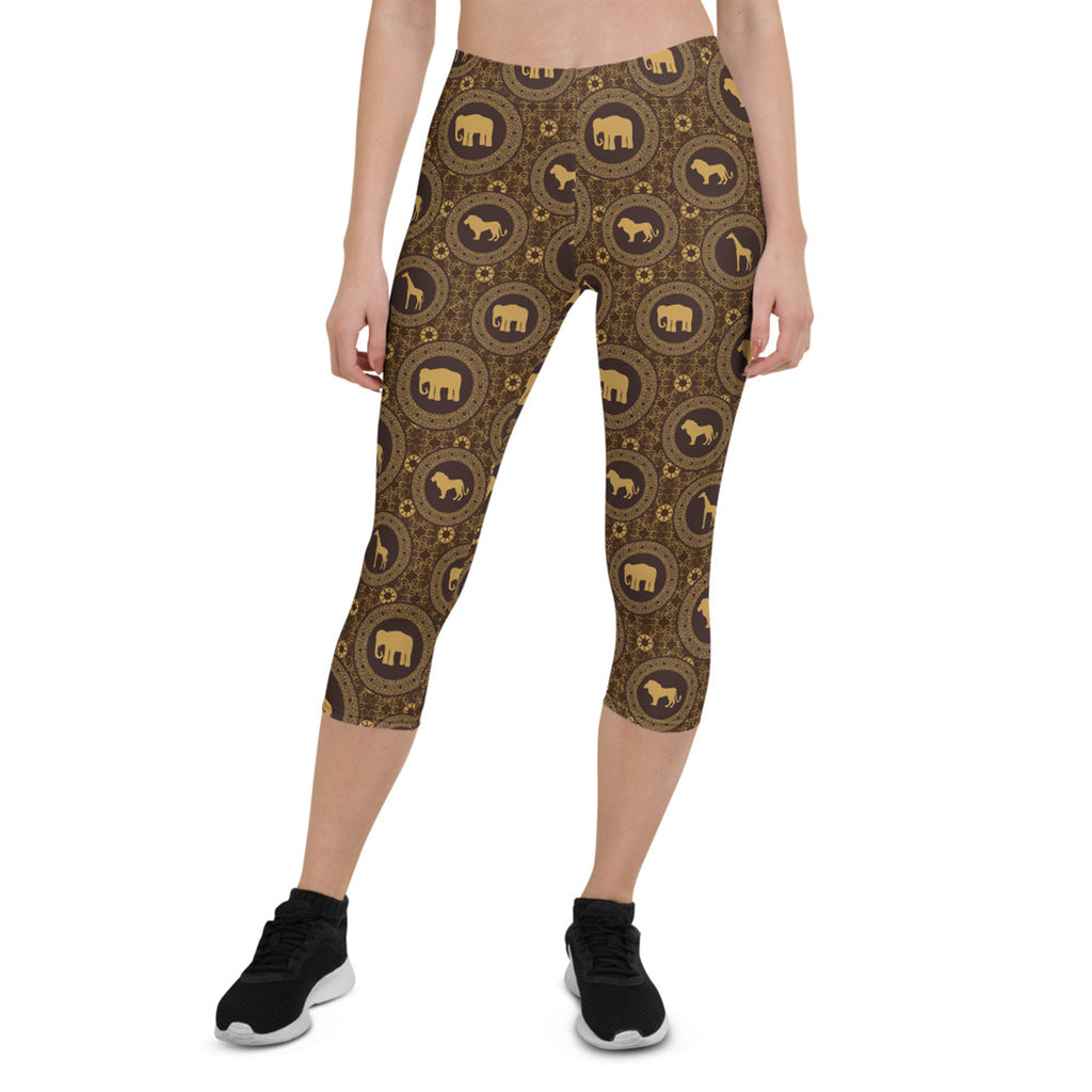 Leggings capri para mujer con estampado de animales de safari africano en color marrón