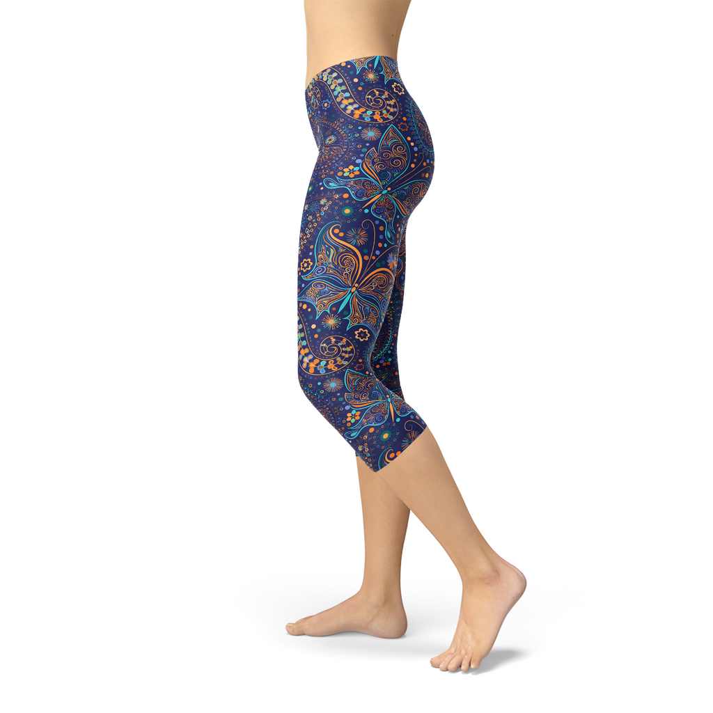 Leggings capri con estampado de cachemira y mariposas para mujer