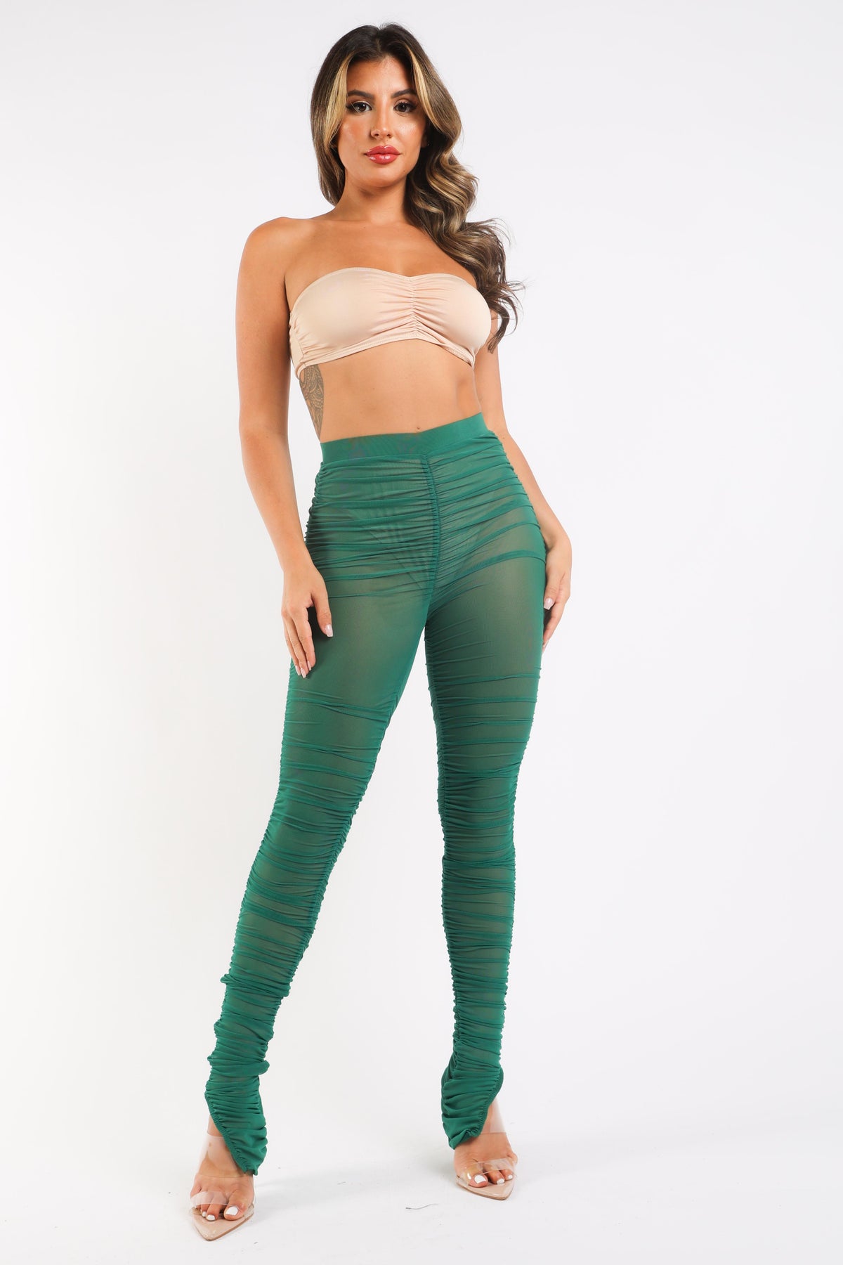 Casual Ruched Mesh Elastic Waist Leggings with Slit Hem