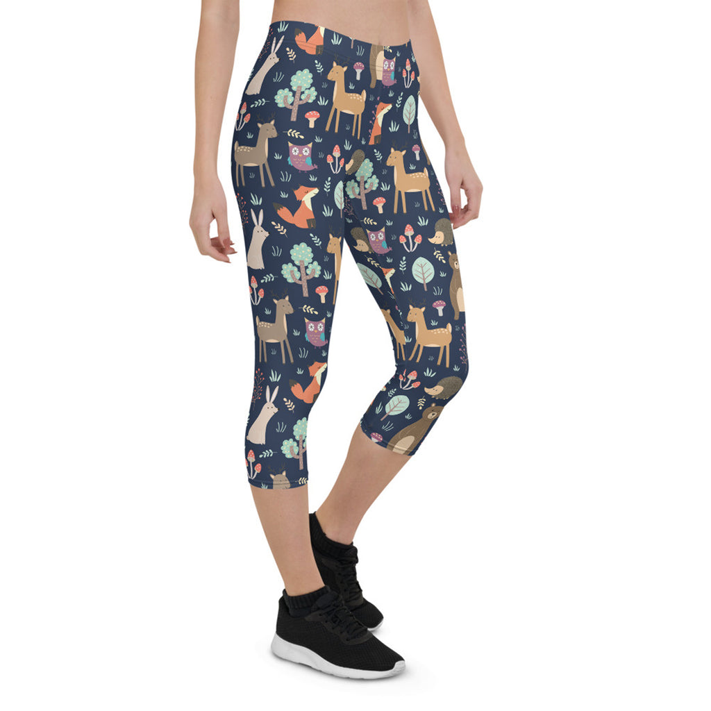 Leggings capri para mujer con diseño de animalitos del bosque