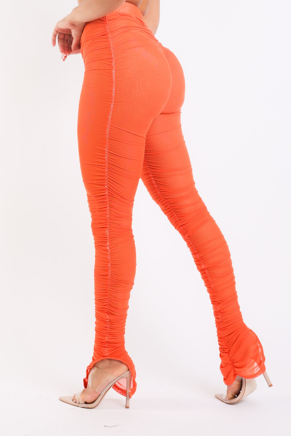 Casual Ruched Mesh Elastic Waist Leggings with Slit Hem