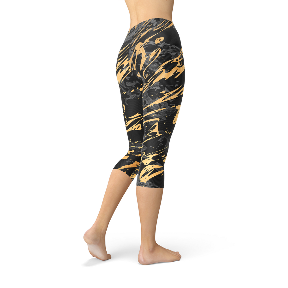 Legging Capri pour femme, motif marbre noir avec éclats dorés