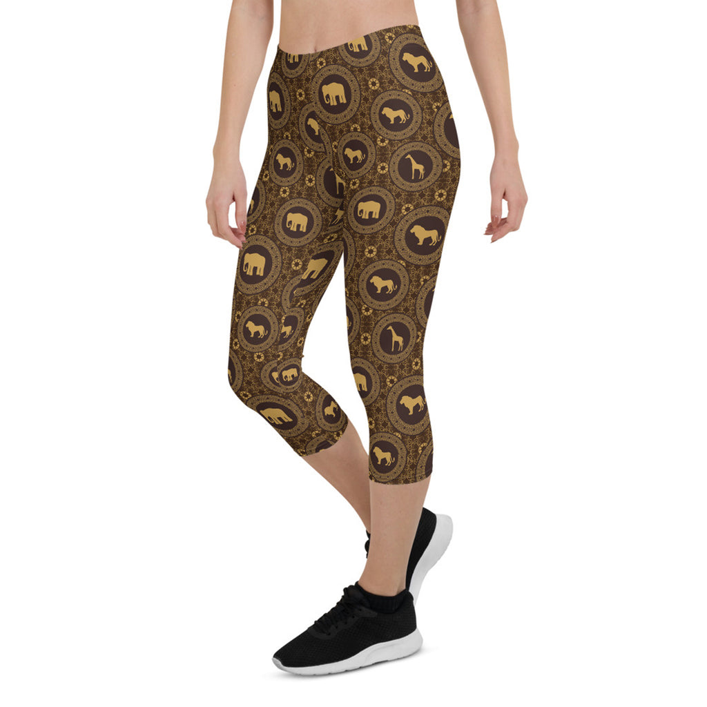 Leggings capri para mujer con estampado de animales de safari africano en color marrón