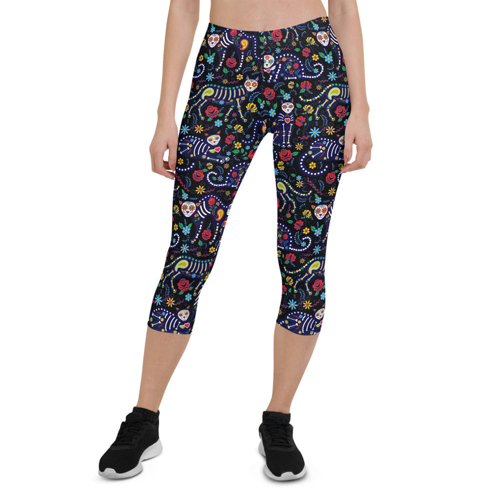 Legging Capri femme motif tête de mort mexicaine (chat)