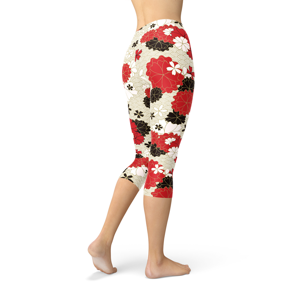 Leggings capri para mujer con estampado de flores de cerezo japonés