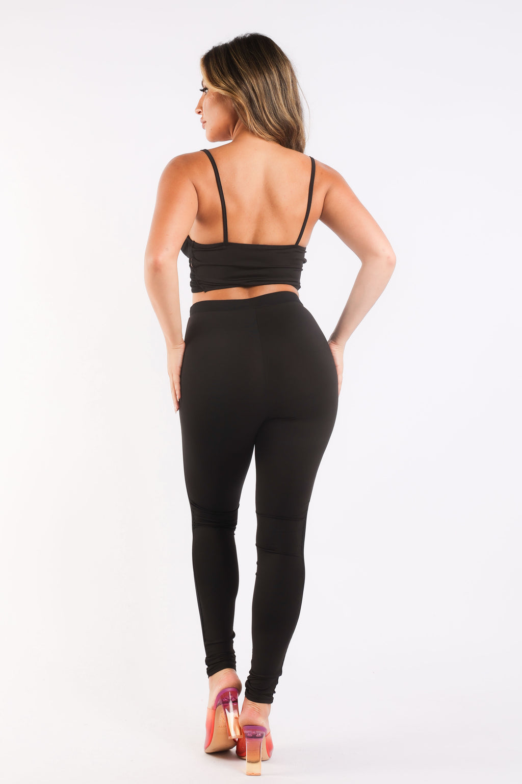 Conjuntos de malla en contraste para deportes casuales, top y leggings con tirantes, color negro