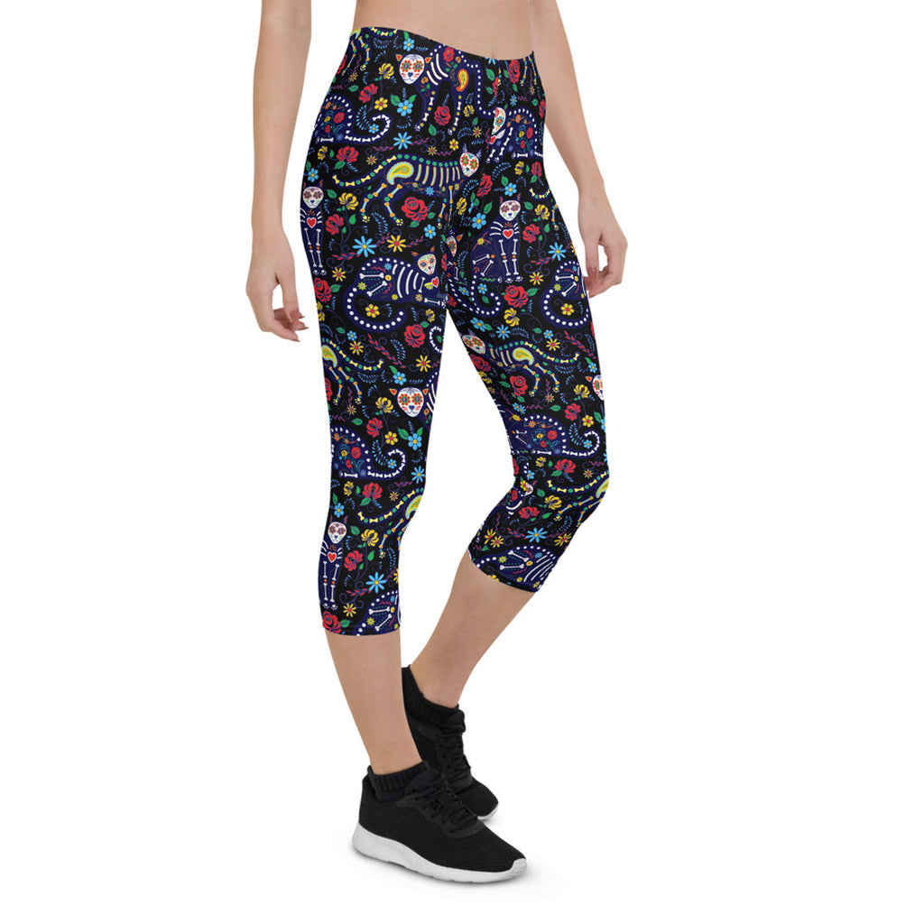 Legging Capri femme motif tête de mort mexicaine (chat)