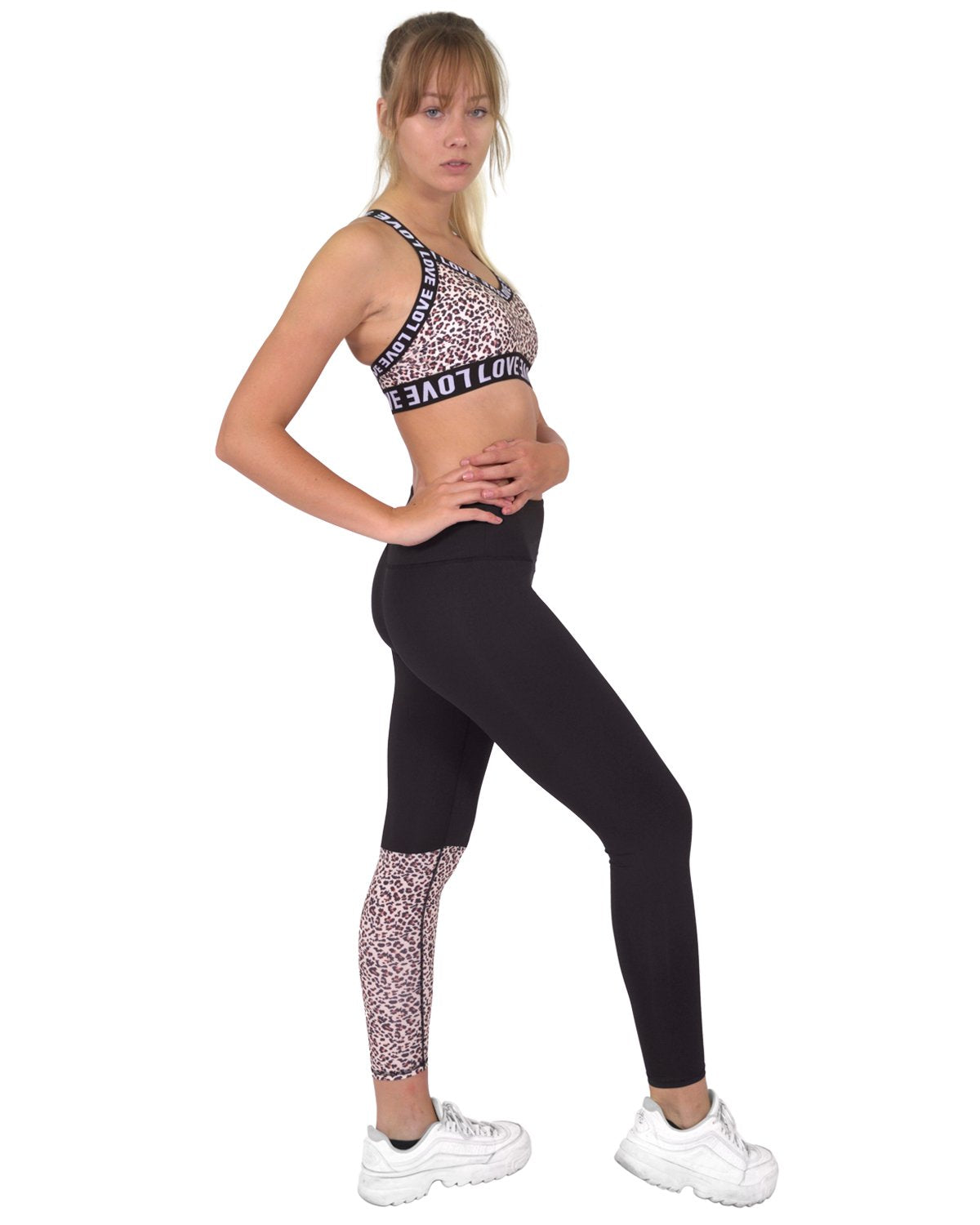 Ensemble leggings et soutien-gorge de sport Jordena – Noir et imprimé léopard