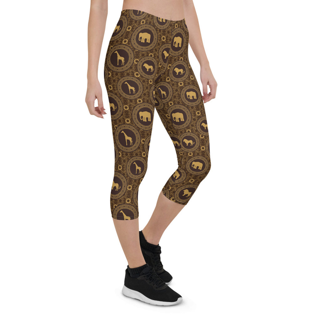 Leggings capri para mujer con estampado de animales de safari africano en color marrón