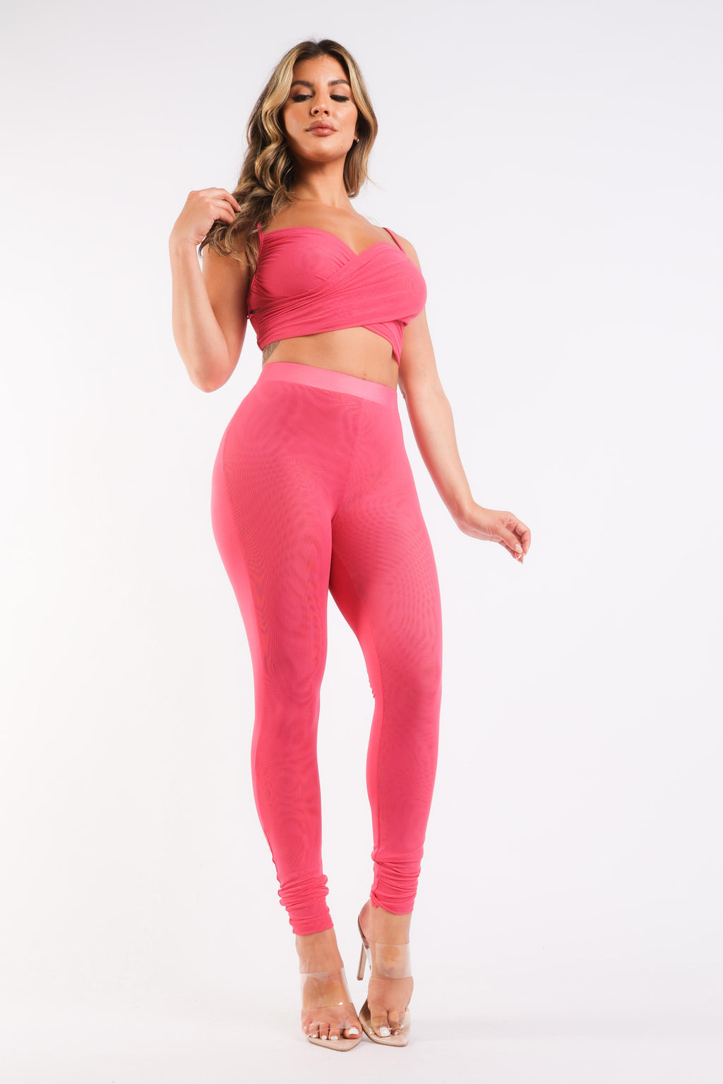 Conjuntos de malla en contraste Top informal deportivo de tirantes y leggings FUCSIA