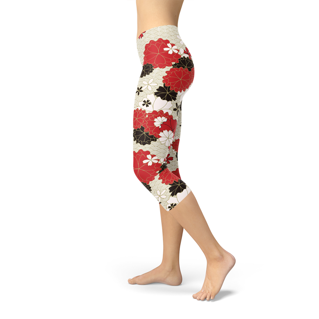 Leggings capri para mujer con estampado de flores de cerezo japonés