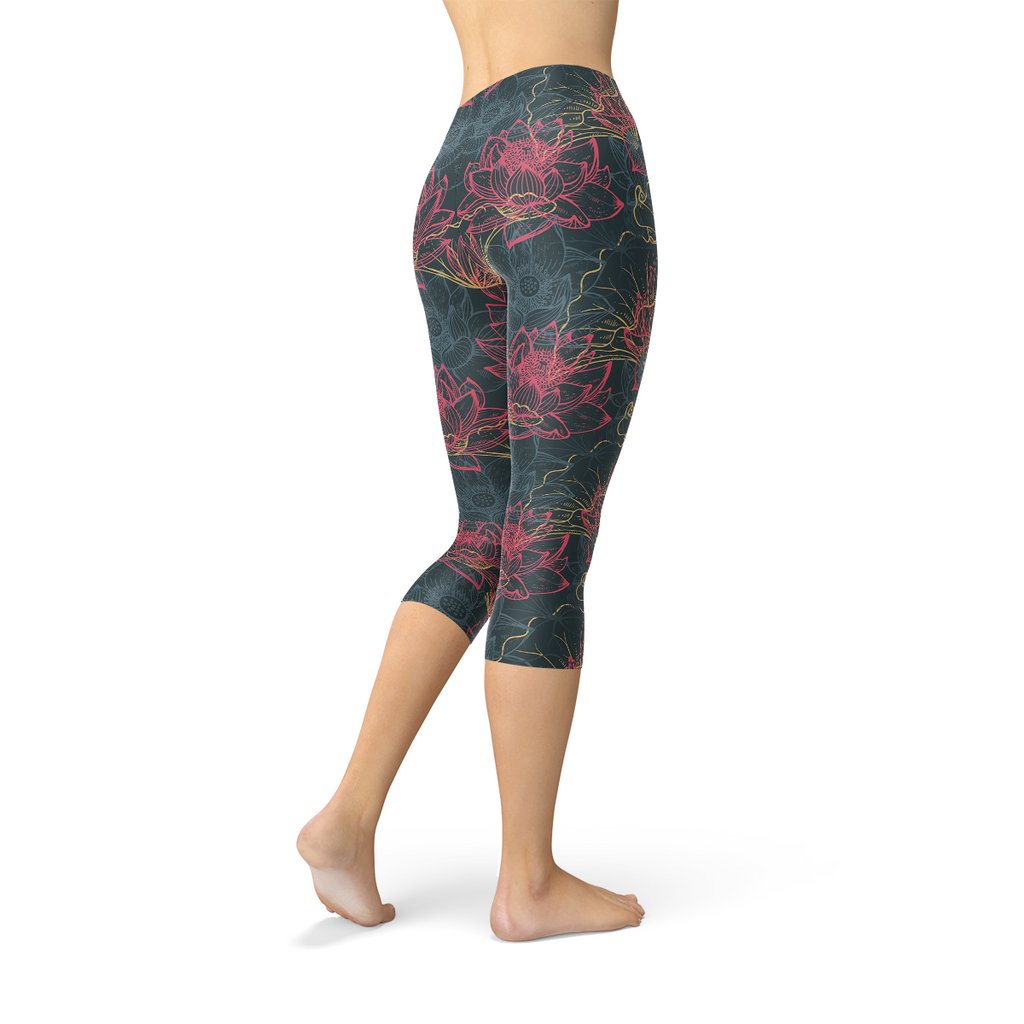 Leggings capri con estampado floral de loto para mujer