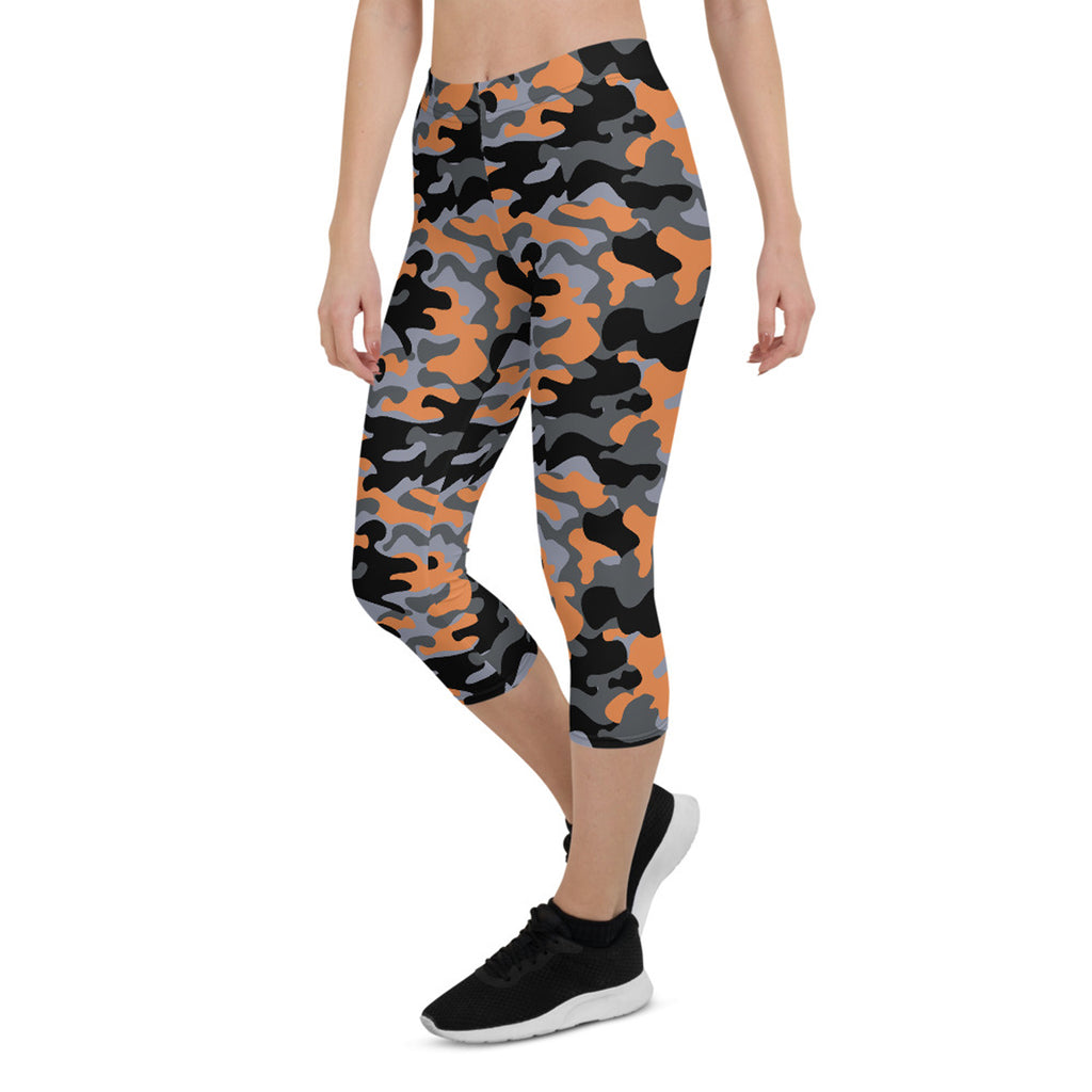 Legging Capri camouflage orange et gris pour femme