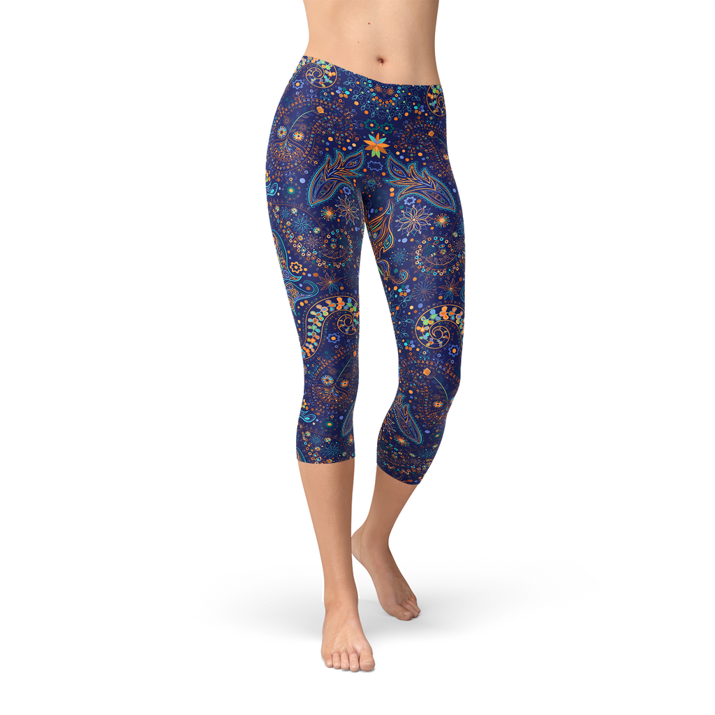 Leggings capri con estampado de cachemira y mariposas para mujer