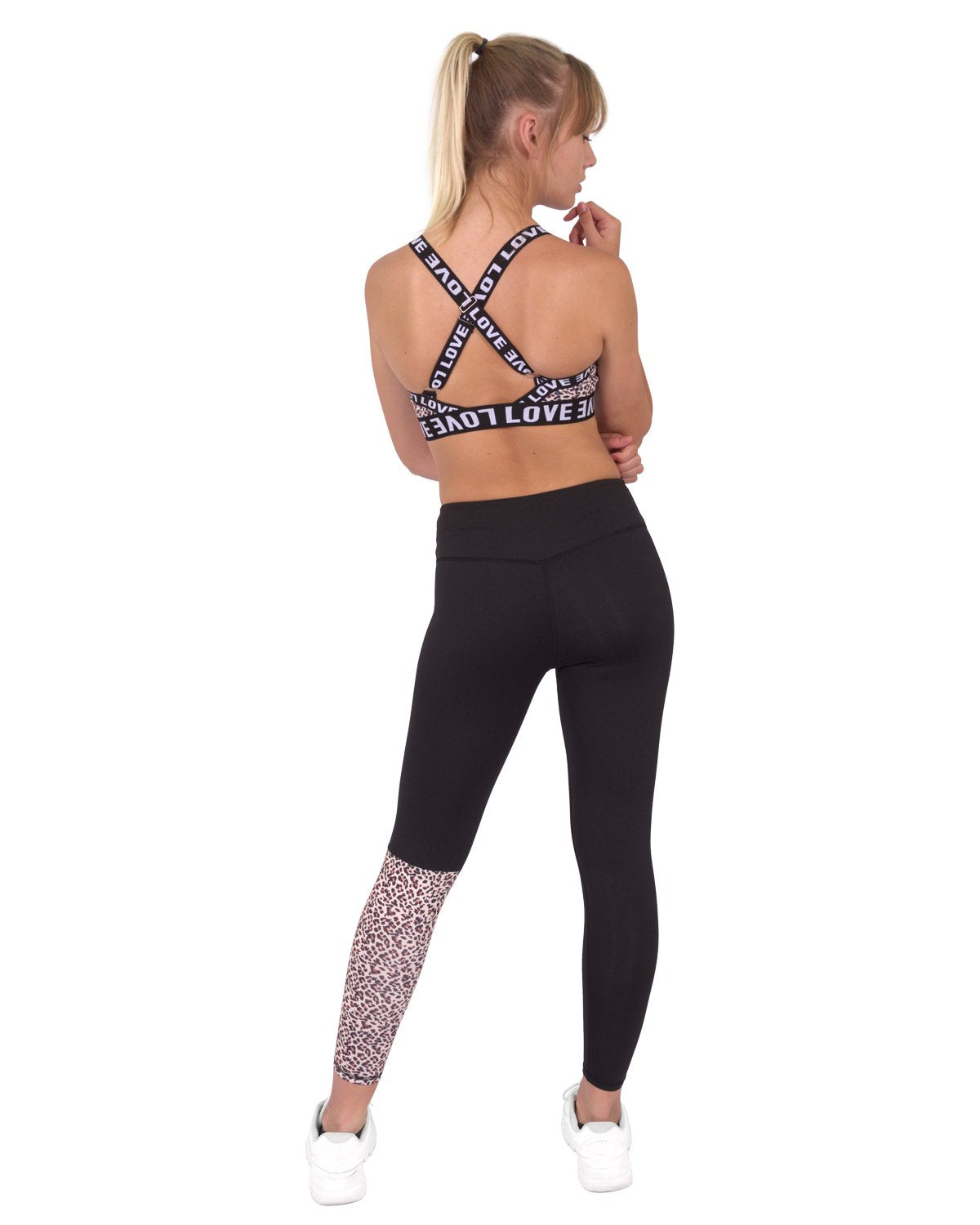 Ensemble leggings et soutien-gorge de sport Jordena – Noir et imprimé léopard