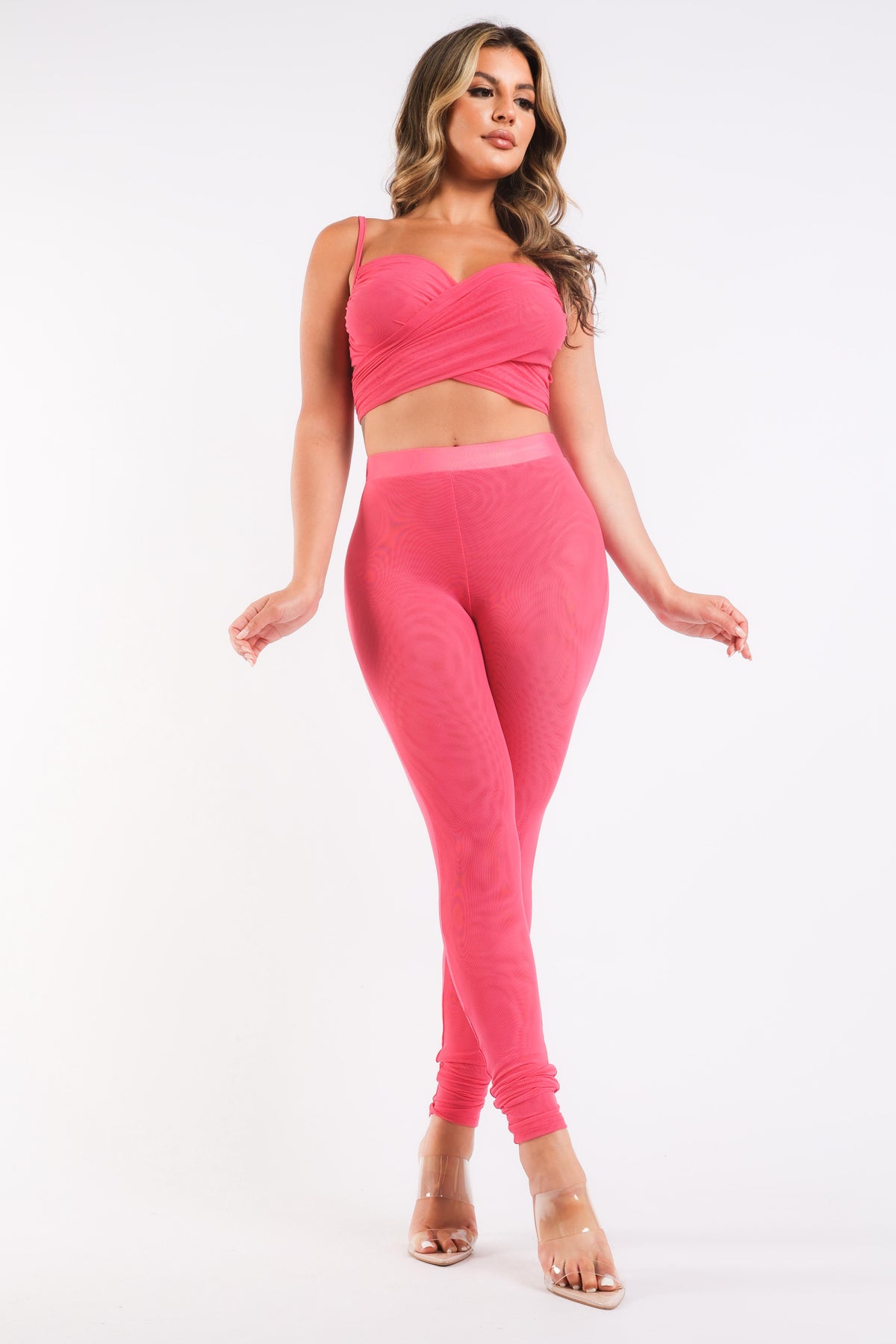 Ensemble décontracté sport mesh contrastant haut à bretelles et legging FUCHSIA