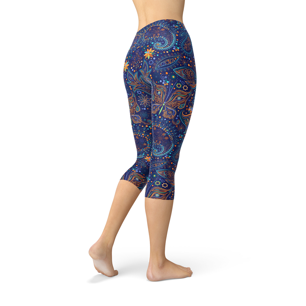 Leggings capri con estampado de cachemira y mariposas para mujer