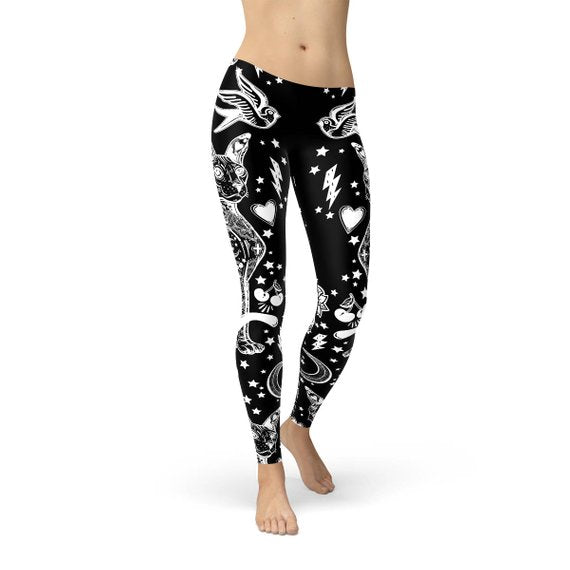 Legging femme noir imprimé chat magique
