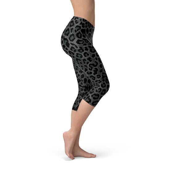 Legging Capri noir à taches léopard pour femme