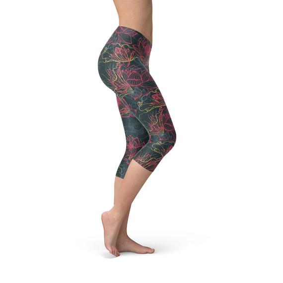 Leggings capri con estampado floral de loto para mujer