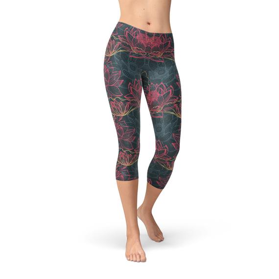 Leggings capri con estampado floral de loto para mujer