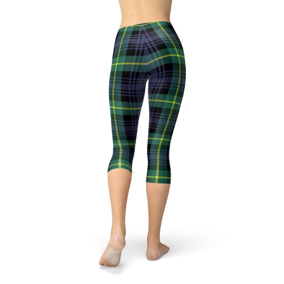 Leggings capri de tartán verde y azul para mujer