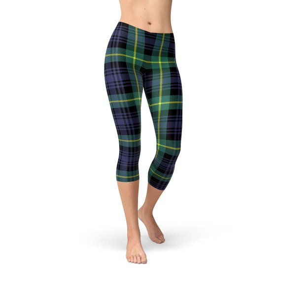 Legging capri à motif tartan vert et bleu pour femme