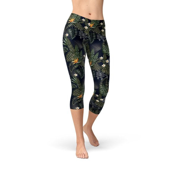 Leggings capri negros para mujer con estampado de ave del paraíso