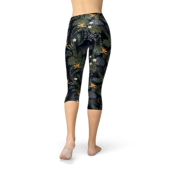 Leggings capri negros para mujer con estampado de ave del paraíso