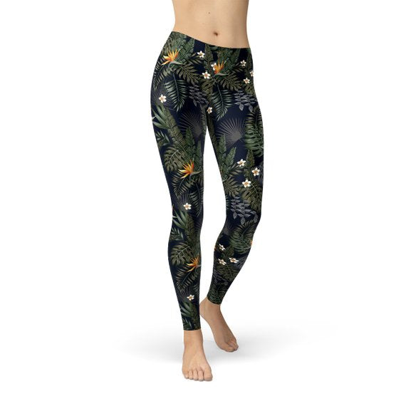 Legging noir motif oiseau de paradis pour femme
