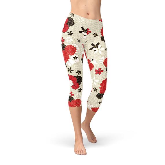 Leggings capri para mujer con estampado de flores de cerezo japonés