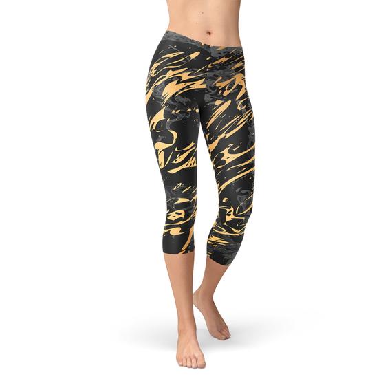 Leggings capri de mujer, mármol negro con salpicaduras doradas