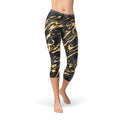 Leggings capri de mujer, mármol negro con salpicaduras doradas