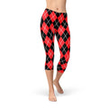 Leggings capri rojos con estampado de rombos para mujer - Harley Quinn