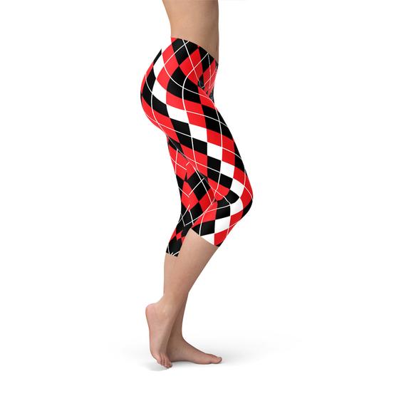 Leggings capri rojos con estampado de rombos para mujer - Harley Quinn