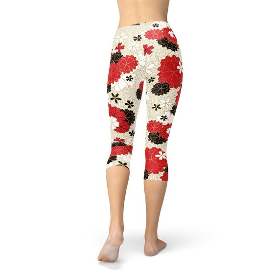 Leggings capri para mujer con estampado de flores de cerezo japonés