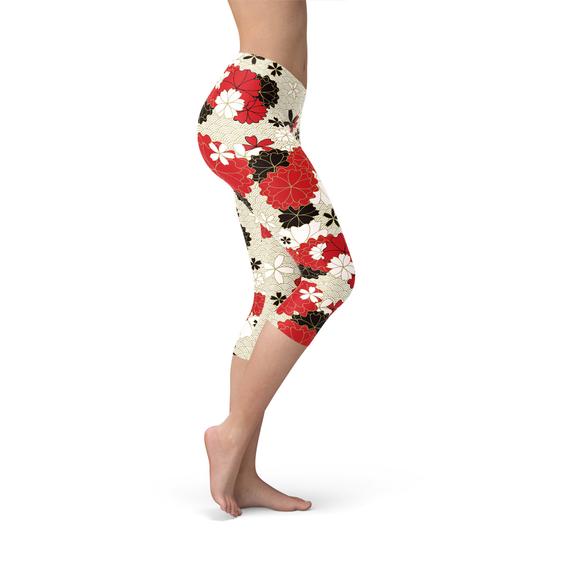 Leggings capri para mujer con estampado de flores de cerezo japonés