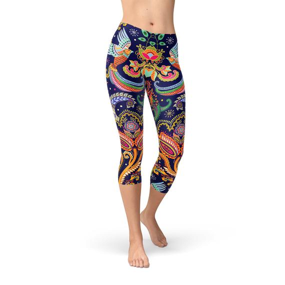Leggings capri ornamentales con estampado paisley azul para mujer