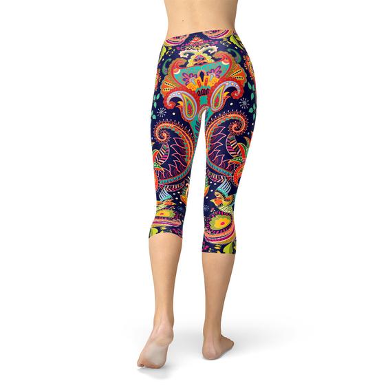 Leggings capri ornamentales con estampado paisley azul para mujer