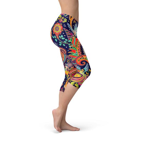 Leggings capri ornamentales con estampado paisley azul para mujer