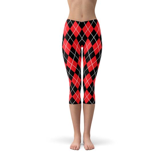 Leggings capri rojos con estampado de rombos para mujer - Harley Quinn