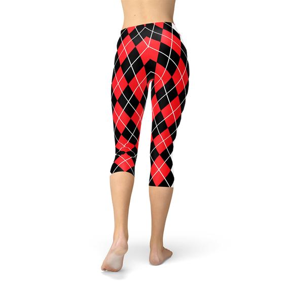 Leggings capri rojos con estampado de rombos para mujer - Harley Quinn
